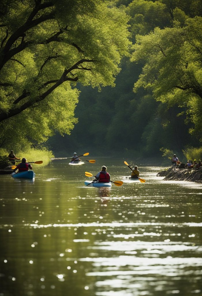 People kayaking, paddleboarding, and tubing on the scenic Brazos and Bosque Rivers in Waco. Sun shining, trees lining the banks, and clear water flowing