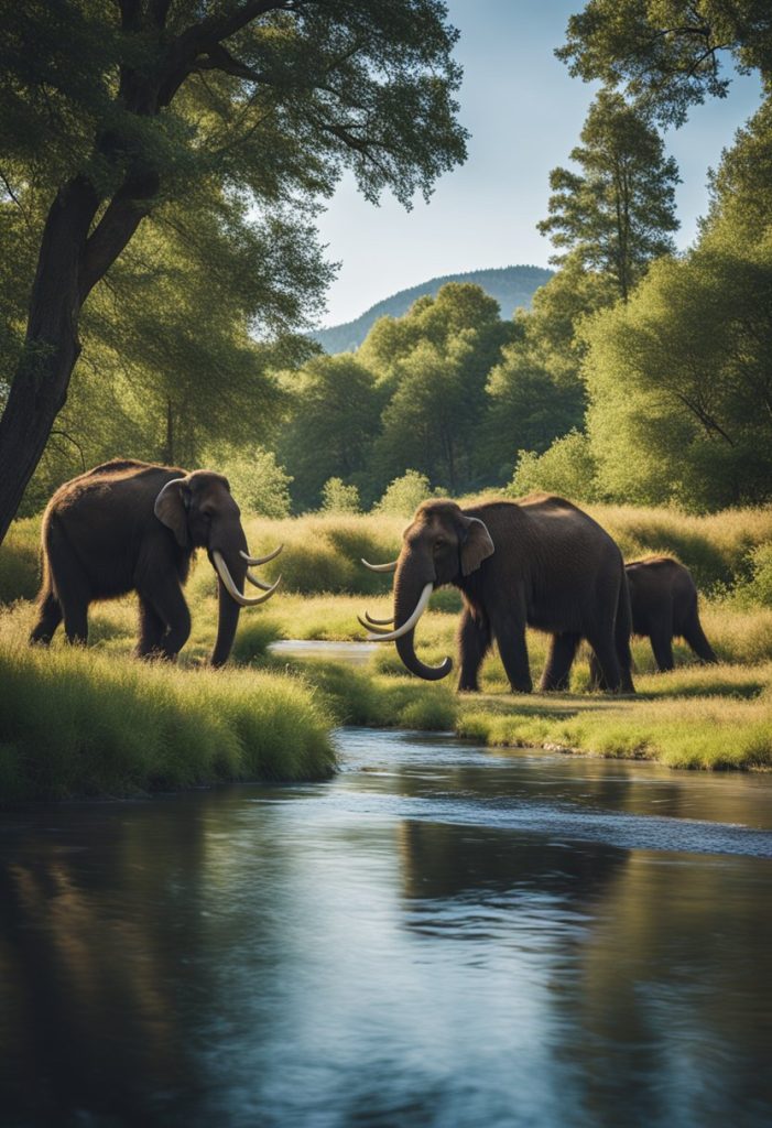 A herd of mammoths roam the grassy plains near a flowing river, surrounded by towering trees and a clear blue sky