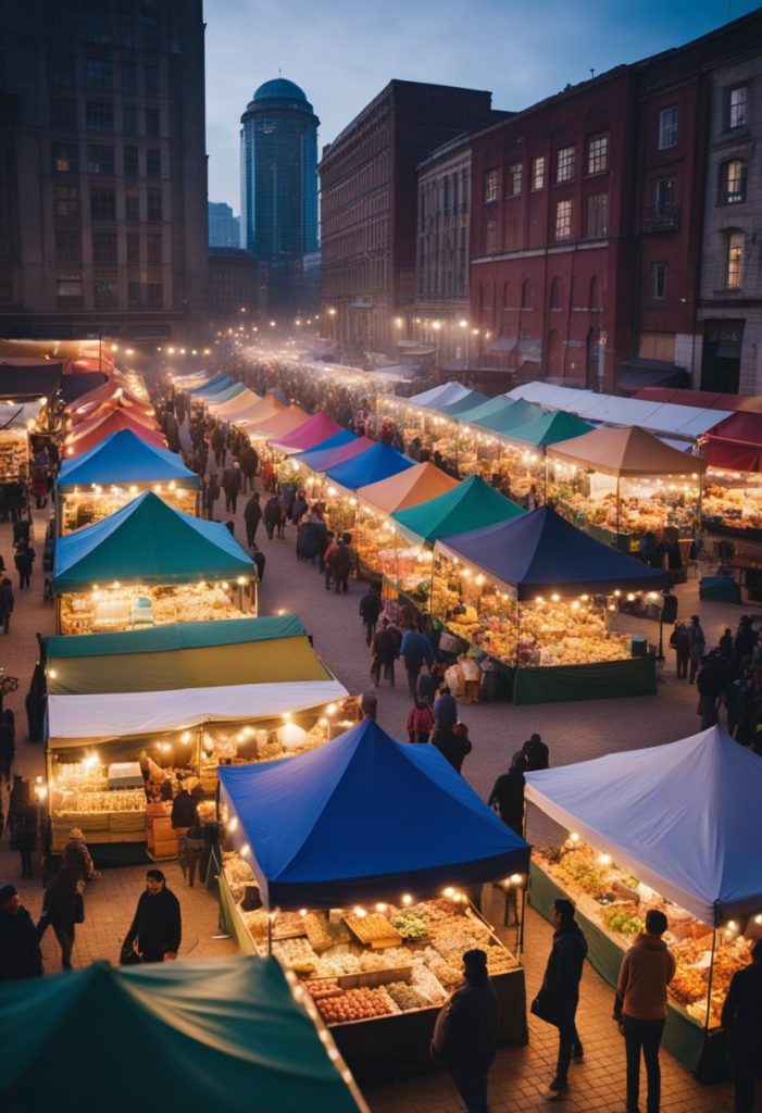 A bustling market with colorful stalls, a lively crowd, and a giant silo as the backdrop. Vendors selling handmade goods and delicious food, while families enjoy the festive atmosphere