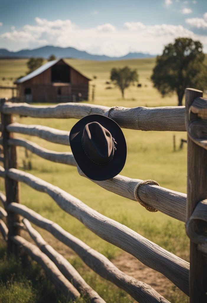A cowboy hat hangs on a wooden fence, overlooking a sprawling ranch with grazing longhorn cattle and a rustic barn in the background
