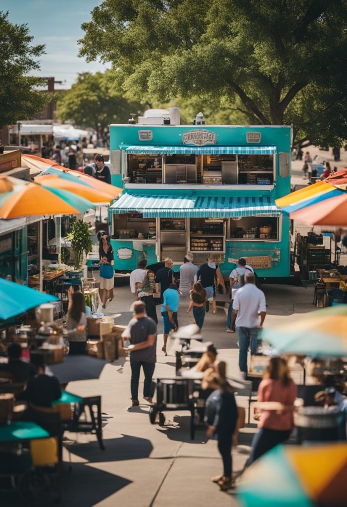A variety of food trucks line the bustling streets of Waco, offering diverse dining options from savory barbecue to sweet treats. The colorful trucks and lively atmosphere create a unique and vibrant dining experience