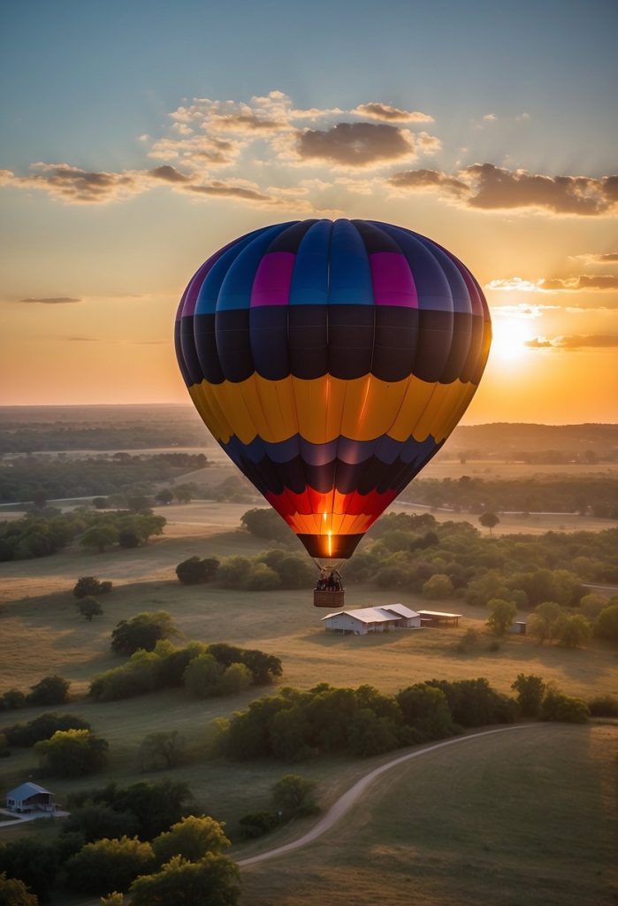 A colorful hot air balloon floats gracefully over the picturesque landscape of Waco, Texas, with the sun rising in the background