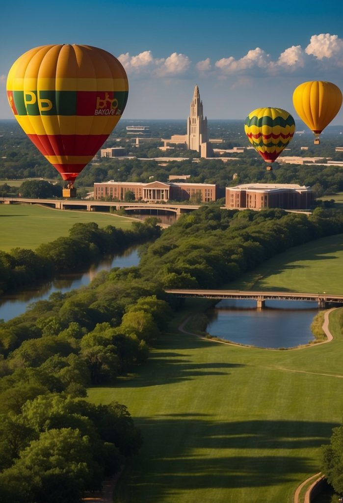 Vibrant hot air balloons float over green fields and a winding river, with the iconic Baylor University campus in the background