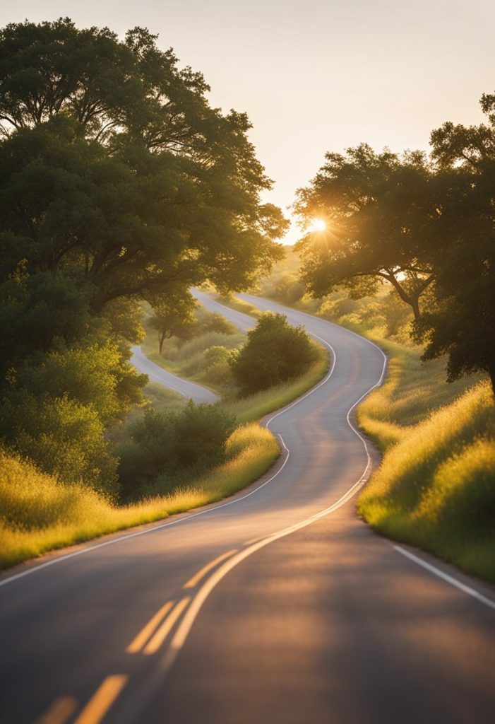 A winding road curves around the tranquil waters of Lake Waco, with lush greenery and colorful wildflowers lining the route. The sun casts a warm glow over the scene, creating a peaceful and idyllic setting for a scenic drive