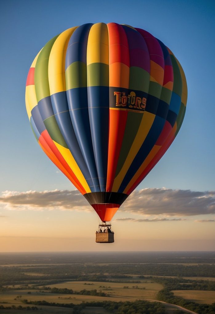 A colorful hot air balloon rises over the Waco landscape, with the Waco Air Tours logo prominently displayed on the side. The balloon floats gracefully against a clear blue sky, capturing the beauty of the area