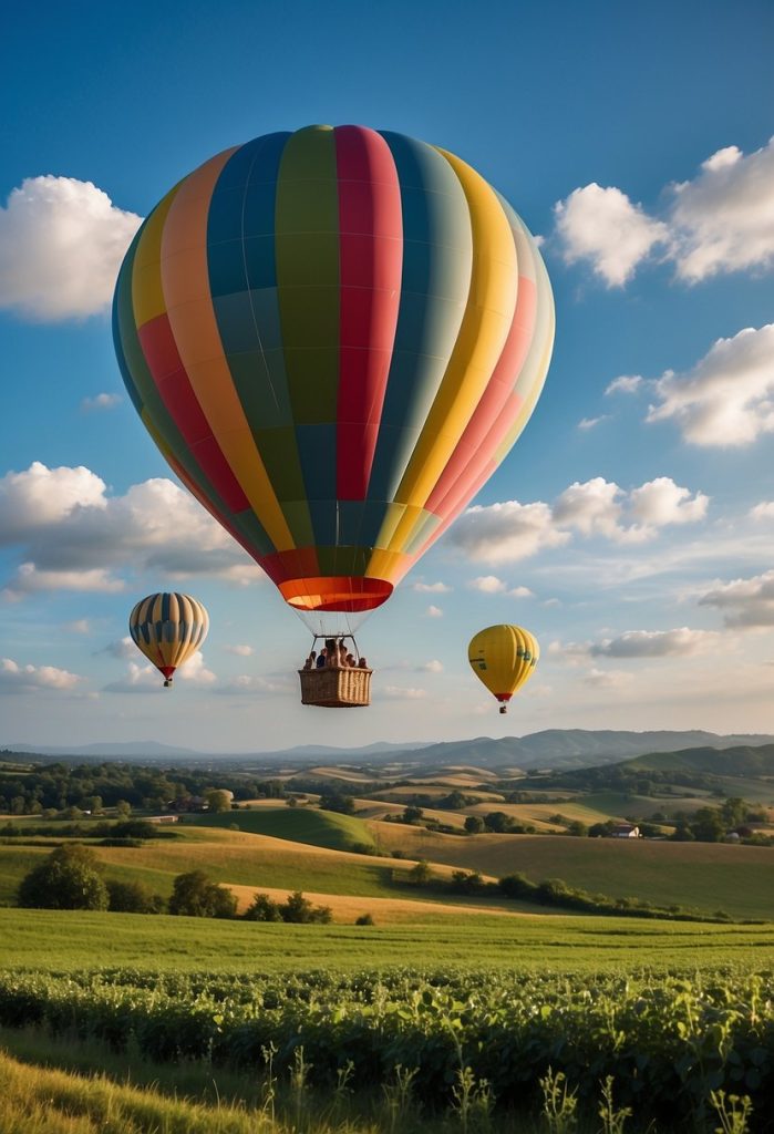 A colorful hot air balloon floats above green fields, with a clear blue sky and fluffy white clouds in the background