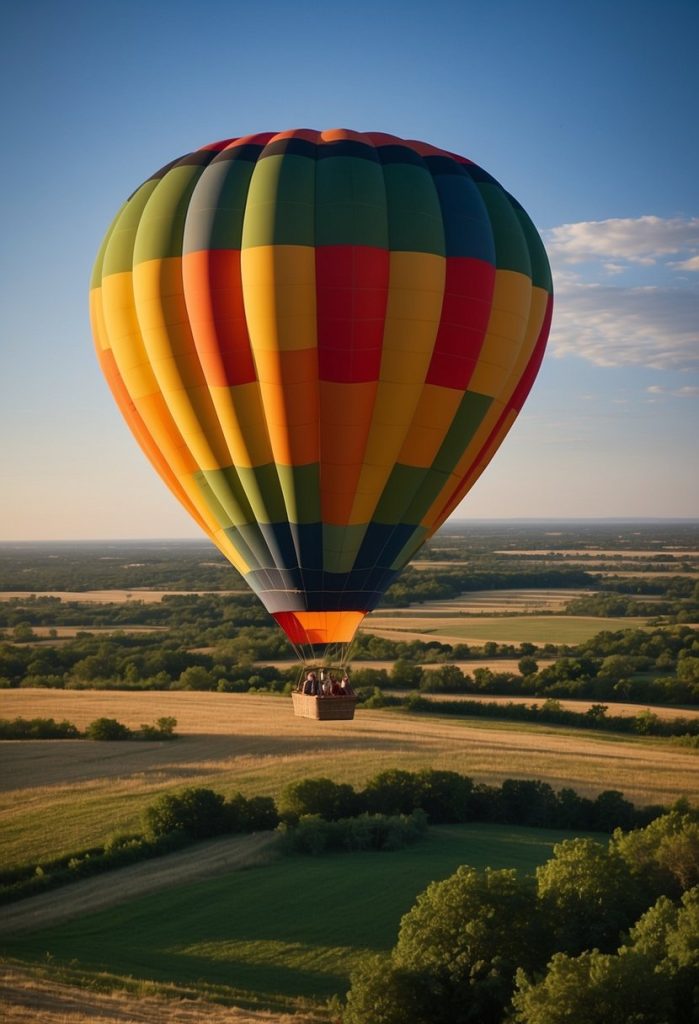A colorful hot air balloon floats above the Waco landscape, with green fields and a bright blue sky in the background. The balloon's basket hangs below, and the burner flame creates a warm glow