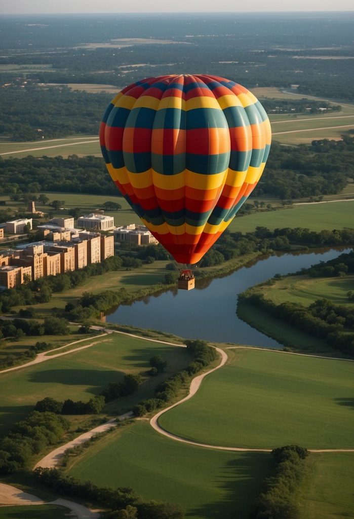 A colorful hot air balloon floats above the green fields and winding rivers with the city's skyline in the distance