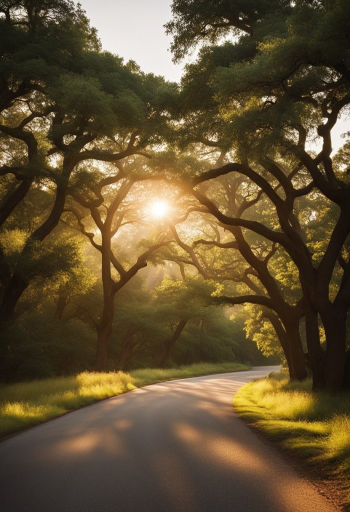 A winding road cuts through lush green hills, with tall trees lining the sides. The sun casts a warm glow on the pavement, creating a picturesque scene along Cameron Park Drive, one of Waco's best scenic drives