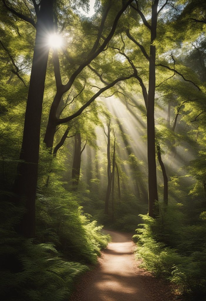 Sunlight filters through the dense canopy, illuminating the winding paths of the popular hiking trails. Tall trees and lush vegetation line the route, creating a serene and inviting atmosphere for outdoor enthusiasts.