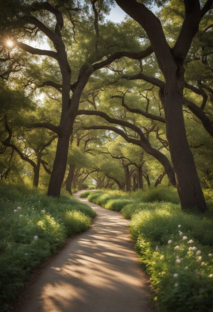 A winding trail cuts through the lush greenery, leading to the tranquil waters of Lake Waco. Tall trees and wildflowers line the path, while the sun casts dappled shadows on the ground.