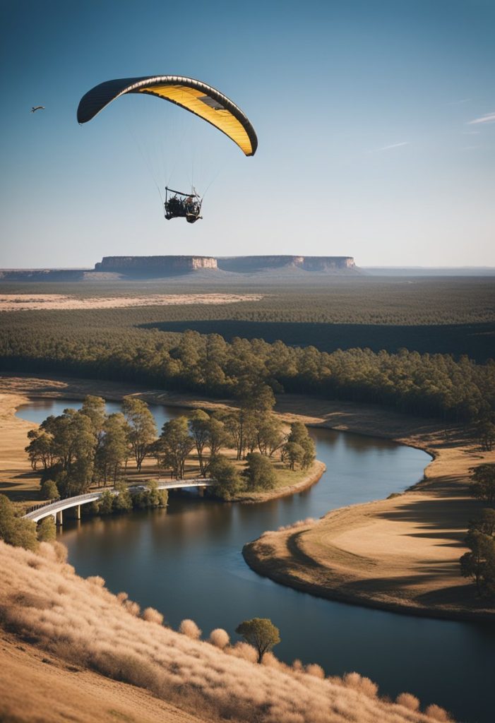 A serene scene of cedars and twin bridges over a winding river, with a kite flying high above and baseball fields nestled in the distance, surrounded by the rugged beauty of the Outback.