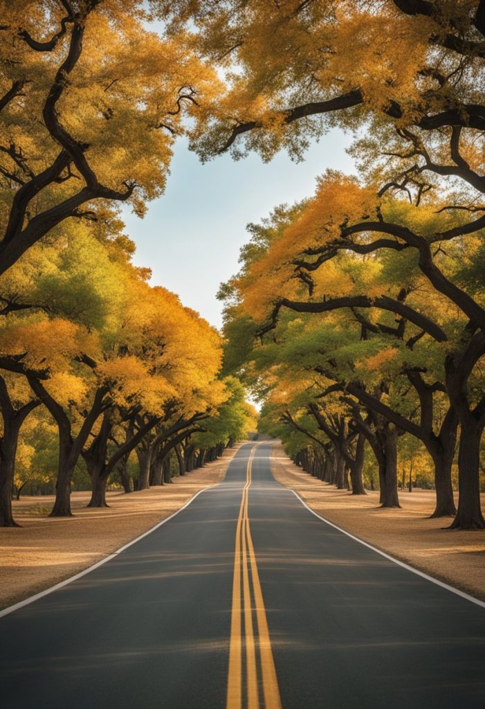 A winding road through Bosque Boulevard, lined with vibrant trees and colorful foliage, leading to breathtaking views of Waco's scenic beauty