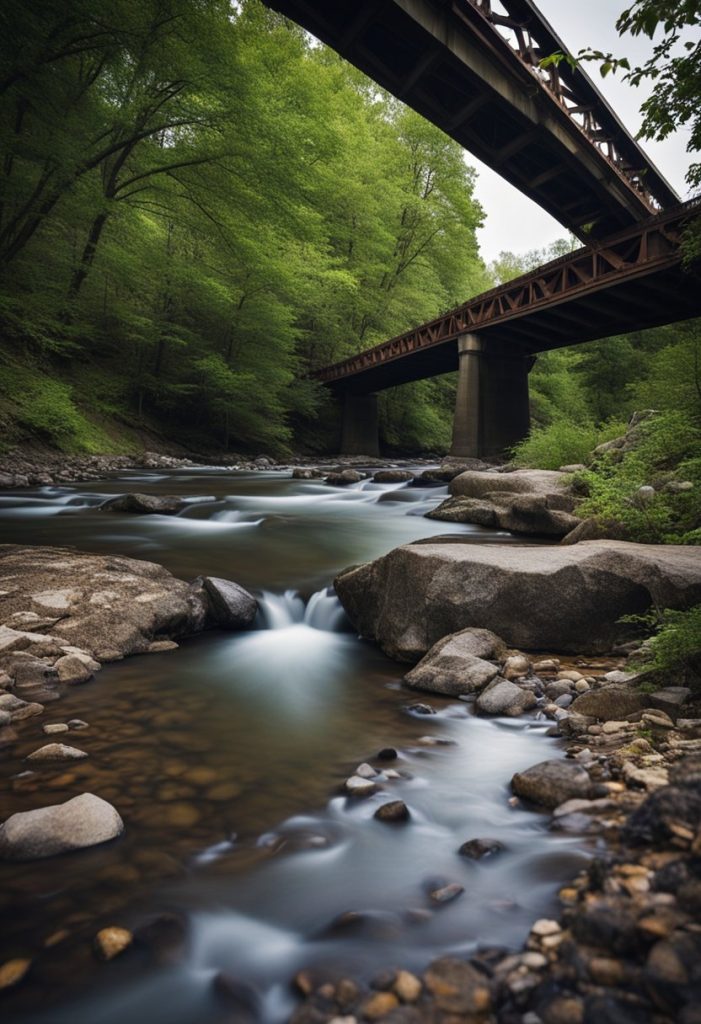 A river flows under twin bridges, beside a drain pipe. Baseball lies abandoned near Thor Cameron Park hiking trails