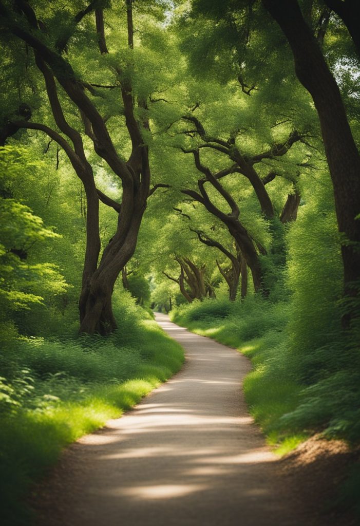 A winding trail cuts through Orchard Park Loop in Cameron Park, surrounded by lush greenery and tall trees. The path leads hikers through a serene and peaceful natural landscape