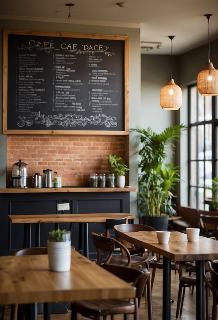 The cafe bustles with patrons enjoying dishes. The modern decor and natural lighting create a welcoming atmosphere. A chalkboard menu displays a variety of plant-based options