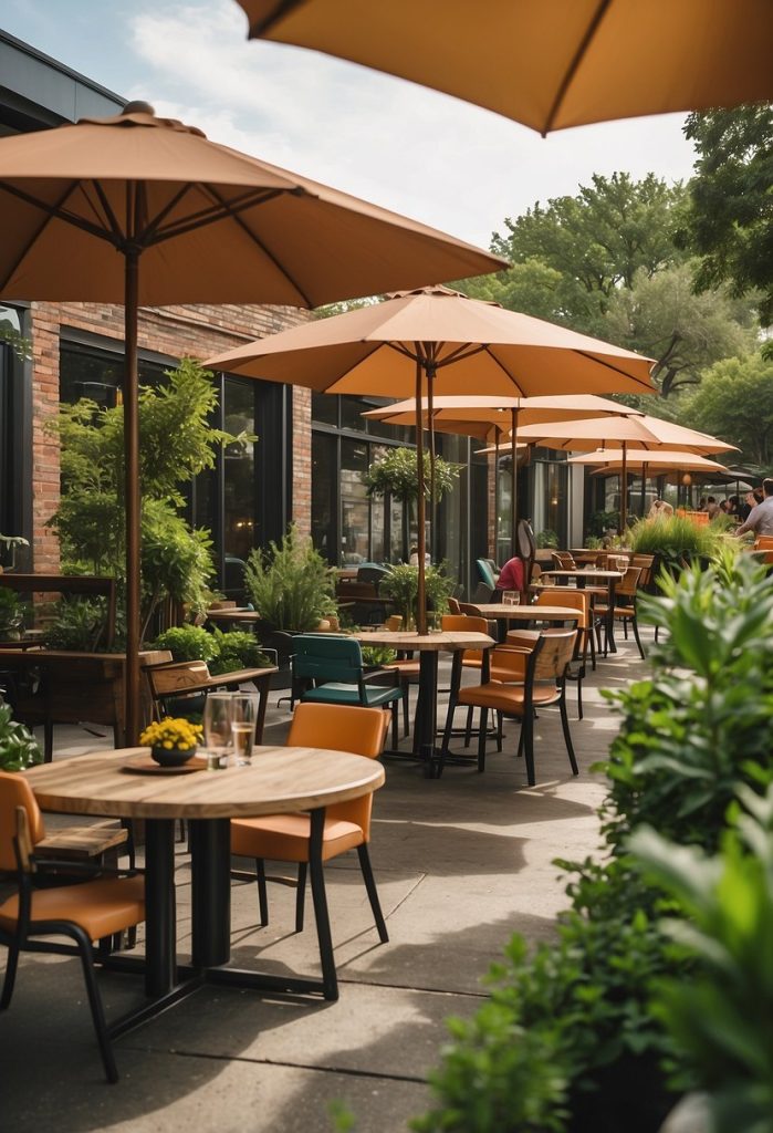 A bustling outdoor patio with colorful umbrellas, surrounded by lush greenery and modern architecture, showcasing a variety of delicious vegan dishes from Revival Eastside Eatery in Waco 2024