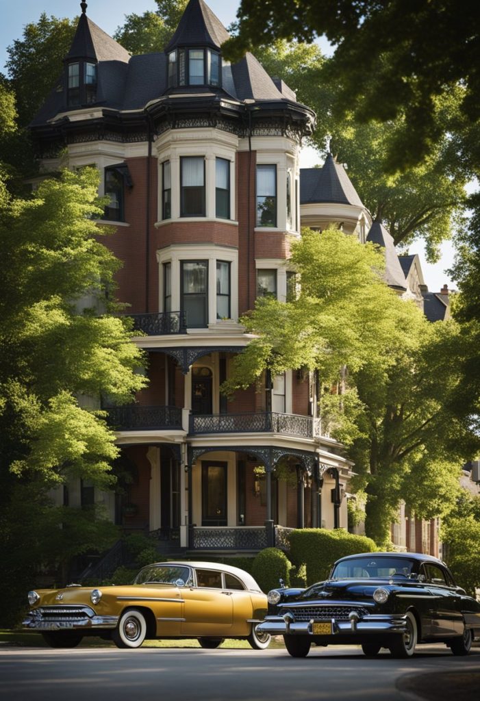 Elm Avenue Historic District: Victorian homes line the street, surrounded by towering elm trees. A vintage car drives by, adding to the historic charm