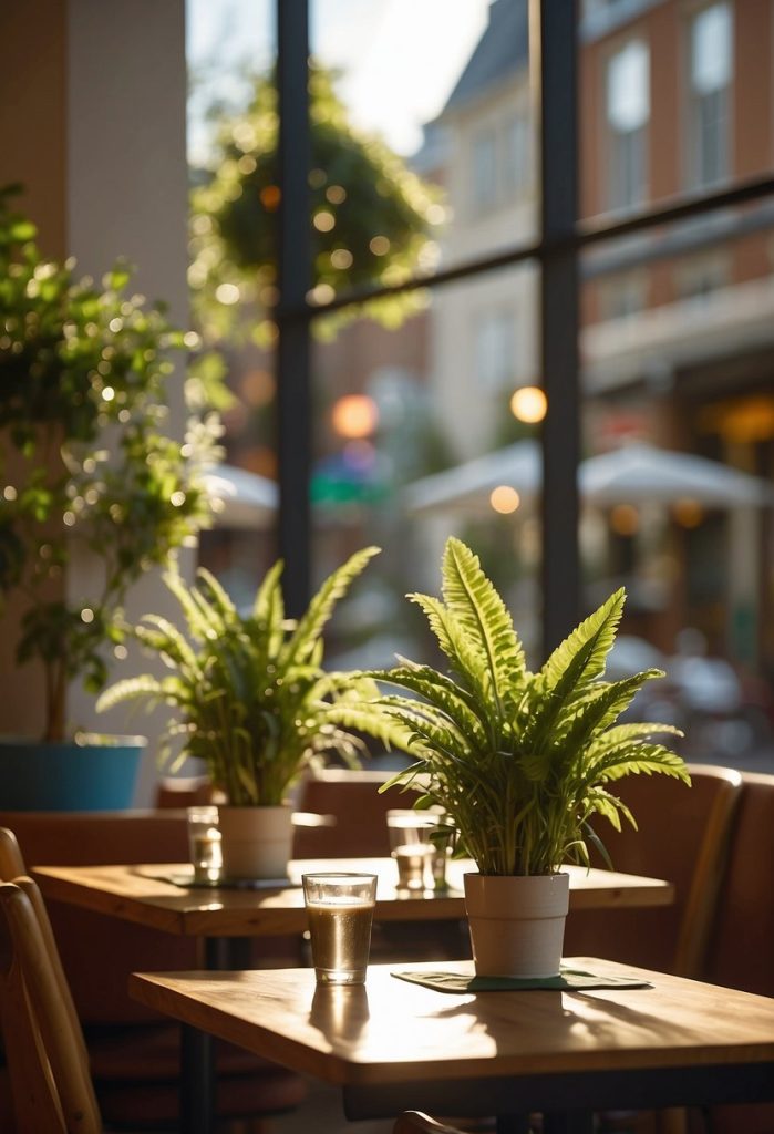 A bustling cafe with a colorful menu board and a variety of plant-based dishes on display. Sunlight streams through the windows, illuminating the vibrant atmosphere
