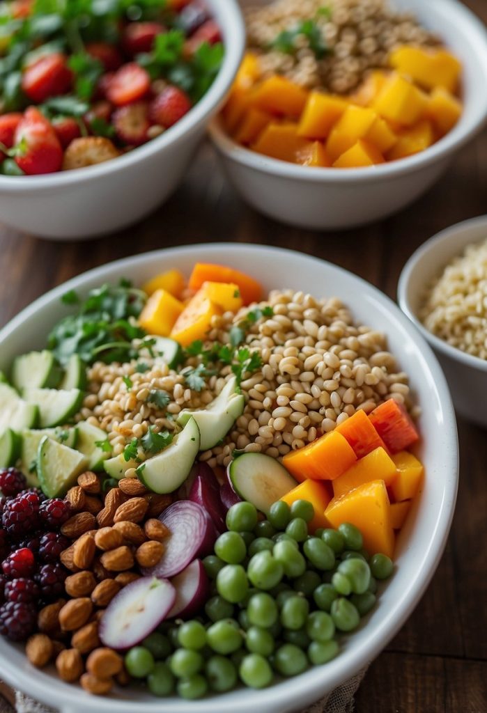 A colorful array of plant-based dishes fills the tables at the Health Camp Vegan Options event in Waco 2024. Fresh fruits, vibrant salads, and hearty grain bowls create a welcoming and appetizing scene
