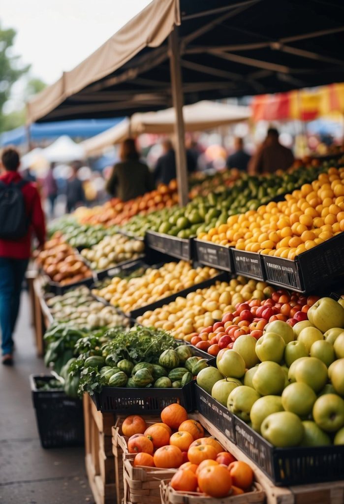 A bustling farmers' market with vibrant displays of fresh produce, colorful vegan options, and a diverse crowd browsing through the stalls