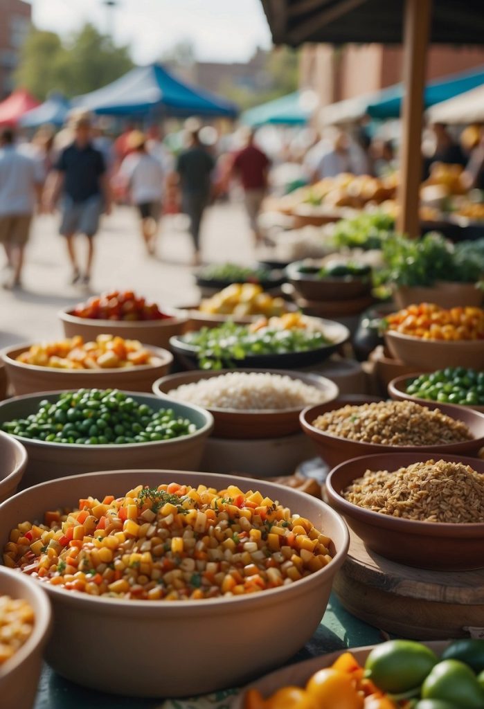 A bustling outdoor market with colorful vegan food stalls and clay pot dishes in Waco, 2024
