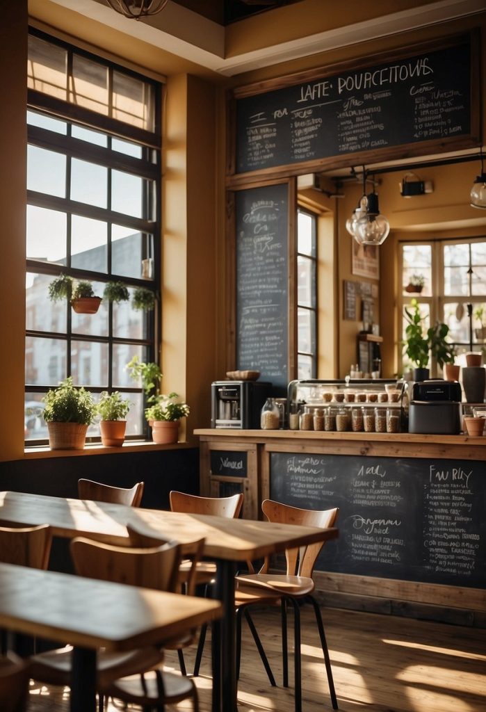 A bustling cafe with a chalkboard menu showcasing a variety of vegan options. Sunlight streams in through large windows, illuminating the cozy, rustic interior
