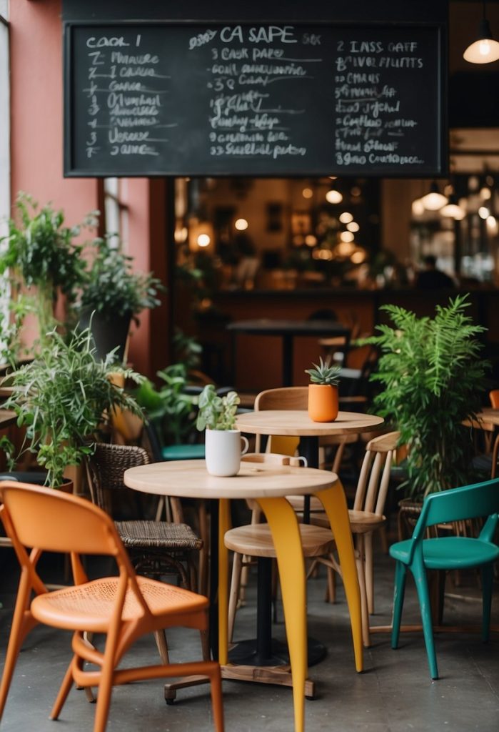 A cozy cafe with a chalkboard menu, plants, and natural light. Tables with colorful chairs and a display case of vegan pastries