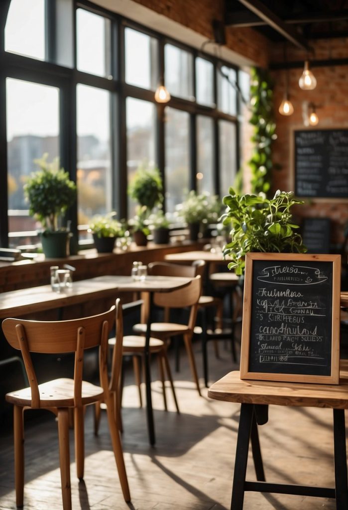 A cozy cafe with a rustic interior, serving a variety of vegan options. Sunlight streams through the large windows, illuminating the tables and chairs. A chalkboard menu displays the delicious plant-based dishes available