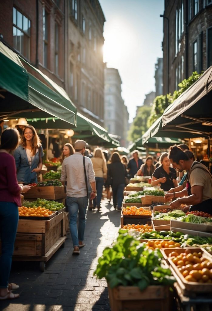 A bustling outdoor market with colorful vegan food stalls and cheerful customers browsing and sampling plant-based options