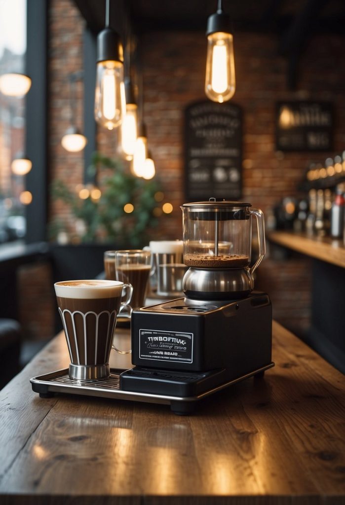 
A bustling coffee bar with modern decor, exposed brick walls, and industrial lighting. Patrons chat over steaming cups of coffee at wooden tables. Trendy Cafés and Coffee Shops in Waco.