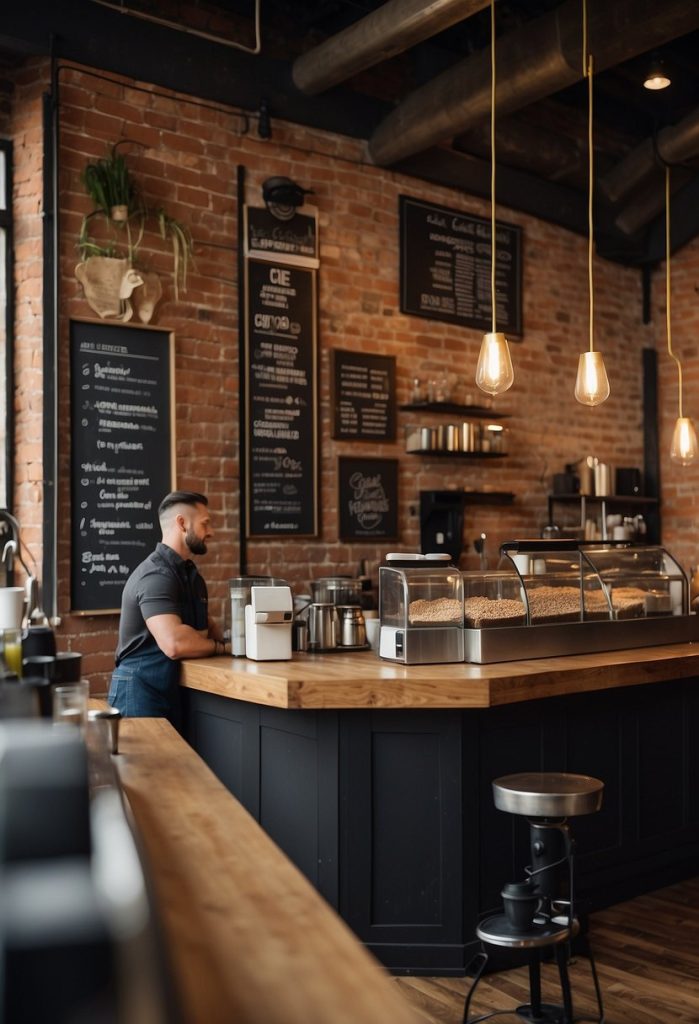 
A modern coffee shop with sleek furniture, exposed brick walls, and large windows. A barista expertly crafts a latte behind the counter. Trendy Cafés and Coffee Shops in Waco.