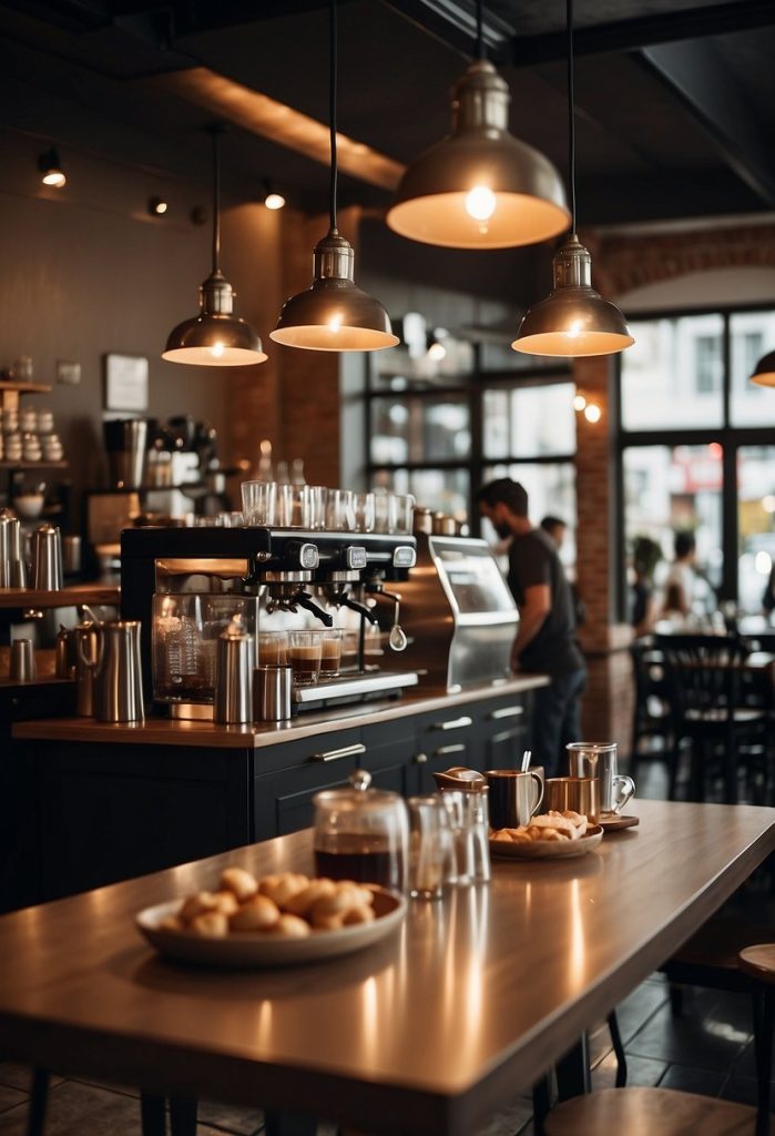 
A bustling café with modern decor, filled with the aroma of freshly brewed coffee and the clinking of glasses. The baristas expertly craft intricate latte art while patrons chat and relax in the trendy atmosphere of the Trendy Cafés and Coffee Shops in Waco.