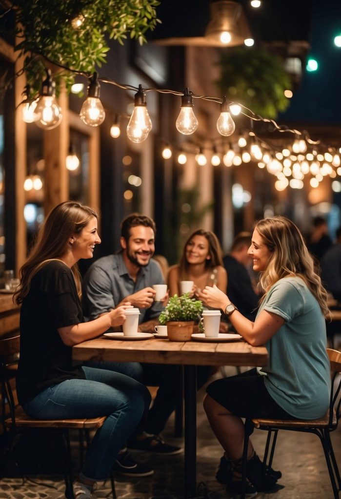 Customers chat at rustic tables under string lights, sipping artisan coffee and enjoying pastries in the cozy ambiance of Lula Jane Shop.