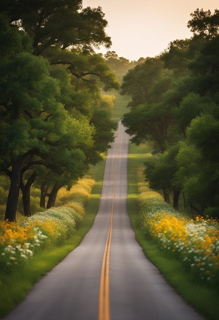 Valley Mills Drive winds through Waco's picturesque landscapes, with rolling hills and lush greenery. The road is lined with vibrant wildflowers and towering trees, creating a serene and idyllic scene for a scenic drive illustration