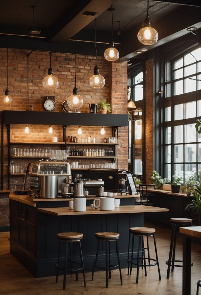 A bustling café with modern decor, exposed brick walls, and a sleek coffee bar. Customers chat over steaming mugs while others work on laptops. The aroma of freshly brewed coffee fills the air
