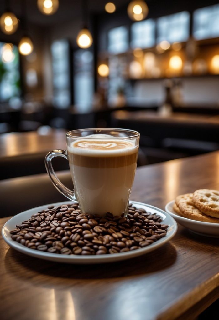 
A bustling café with modern decor, sleek furniture, and a display of gourmet coffee beans. The aroma of freshly brewed cappuccinos fills the air as customers chat and enjoy their drinks. Trendy Cafés and Coffee Shops in Waco.