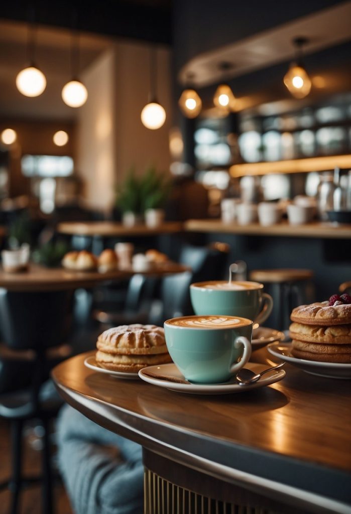 A bustling café with modern decor, cozy seating, and a vibrant atmosphere. Customers chat over steaming cups of coffee while enjoying delicious pastries