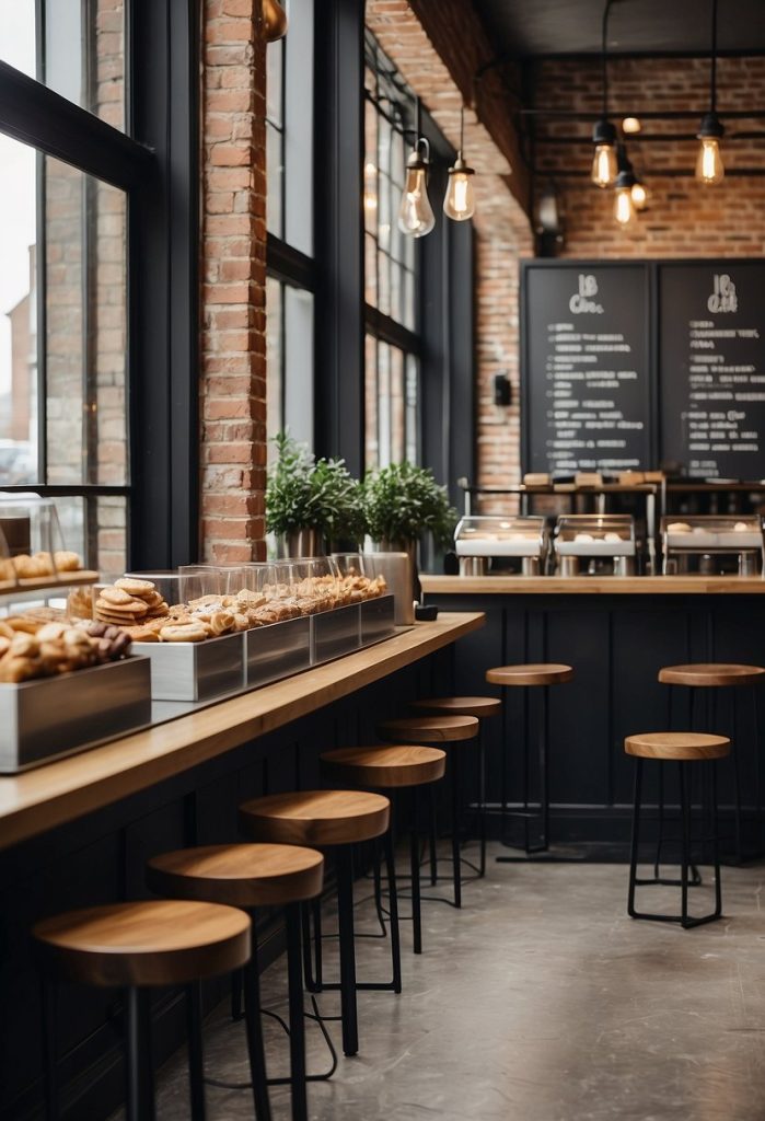 A modern coffee shop with sleek furniture, exposed brick walls, and large windows letting in natural light. The counter displays a variety of specialty coffee drinks and pastries