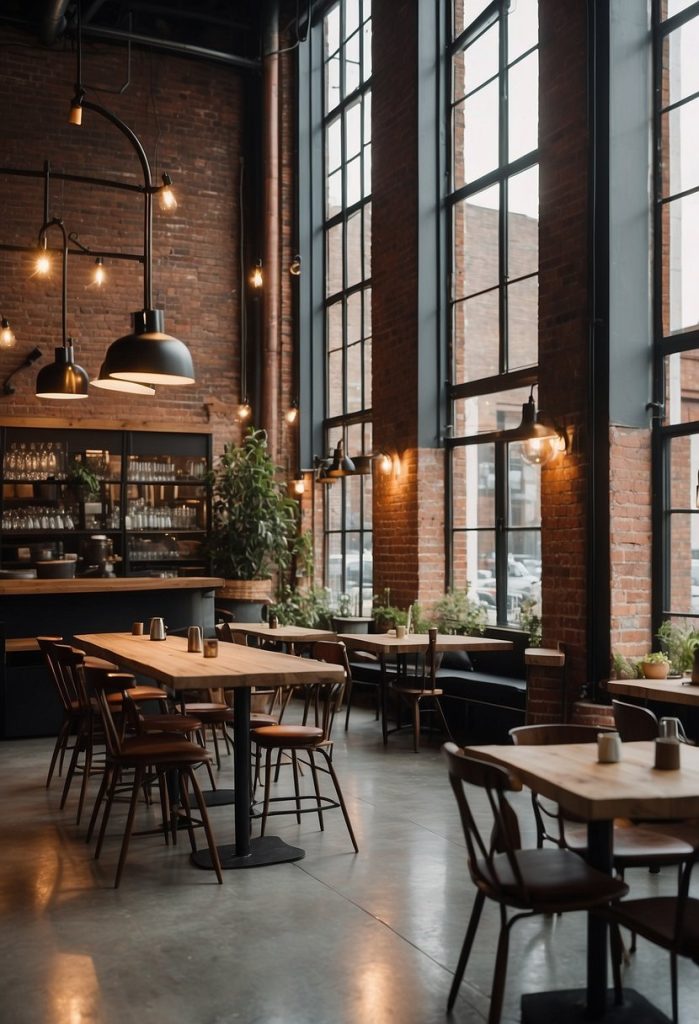 A modern coffee shop with industrial-chic decor, exposed brick walls, and a large coffee roaster on display. Patrons sit at wooden tables sipping on artisanal coffee drinks