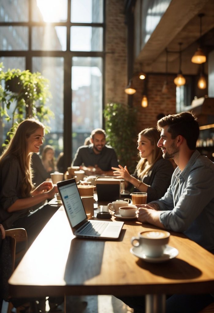 A bustling cafe with modern decor and cozy seating. People chat over steaming cups of coffee while others work on laptops. Sunlight streams in through large windows, casting a warm glow over the space