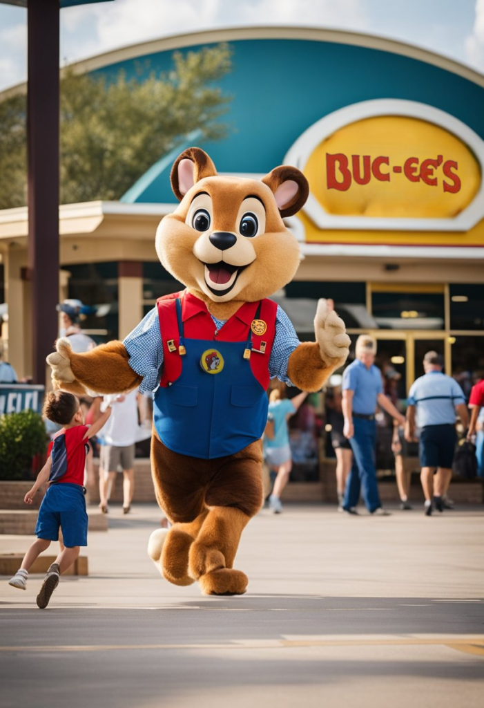 A bustling Buc-ee's in Madisonville, Texas, with a sprawling parking lot, iconic beaver mascot, and a steady stream of customers entering and exiting the store