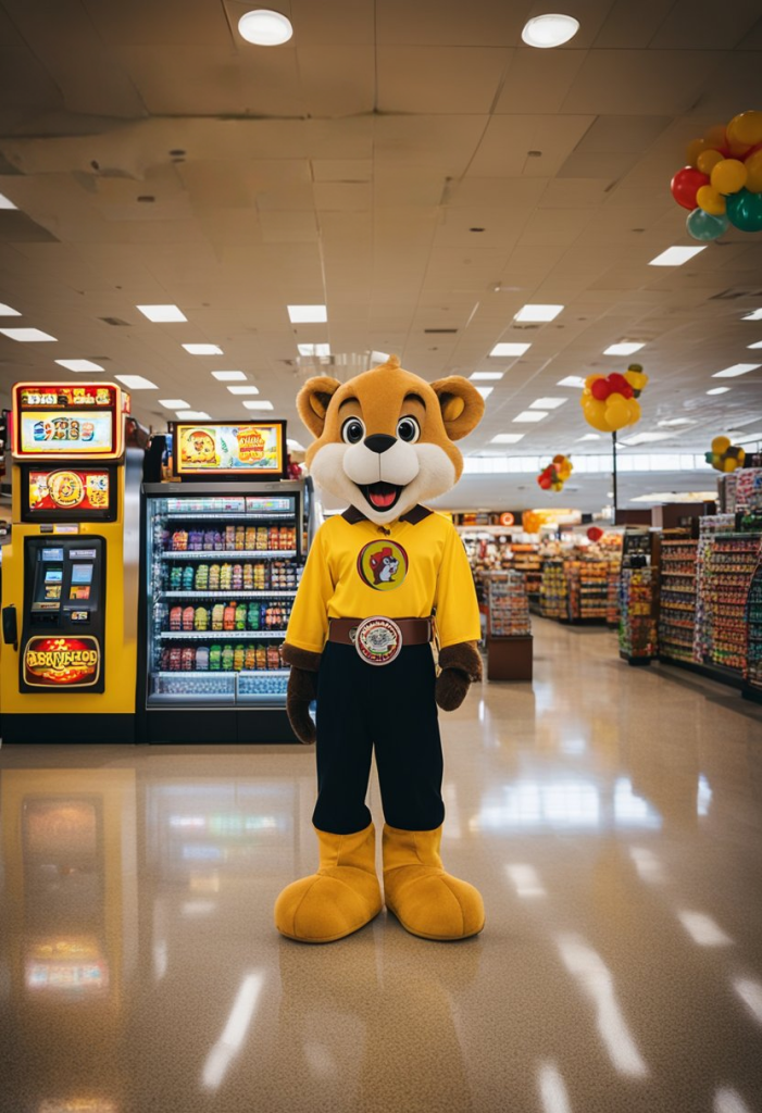 A bustling Buc-ee's in Temple, Texas, with colorful gas pumps, a large beaver mascot, and a busy store front with bright signage