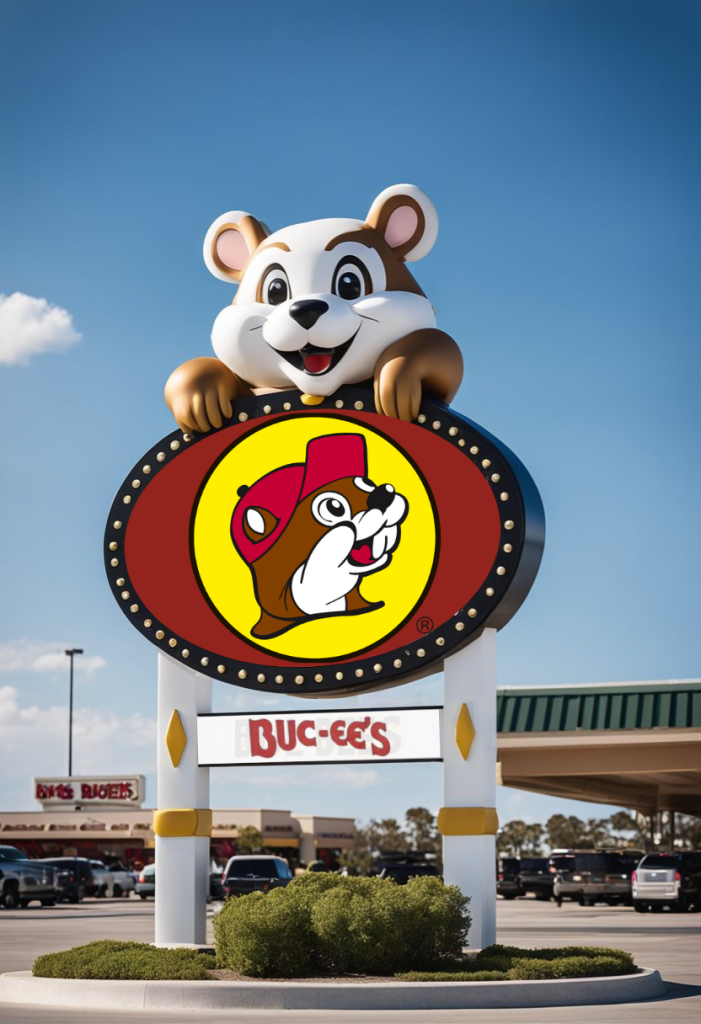 The store sign stands tall against a clear blue sky. The sprawling parking lot is filled with cars and trucks. The store's iconic beaver mascot greets visitors at the entrance