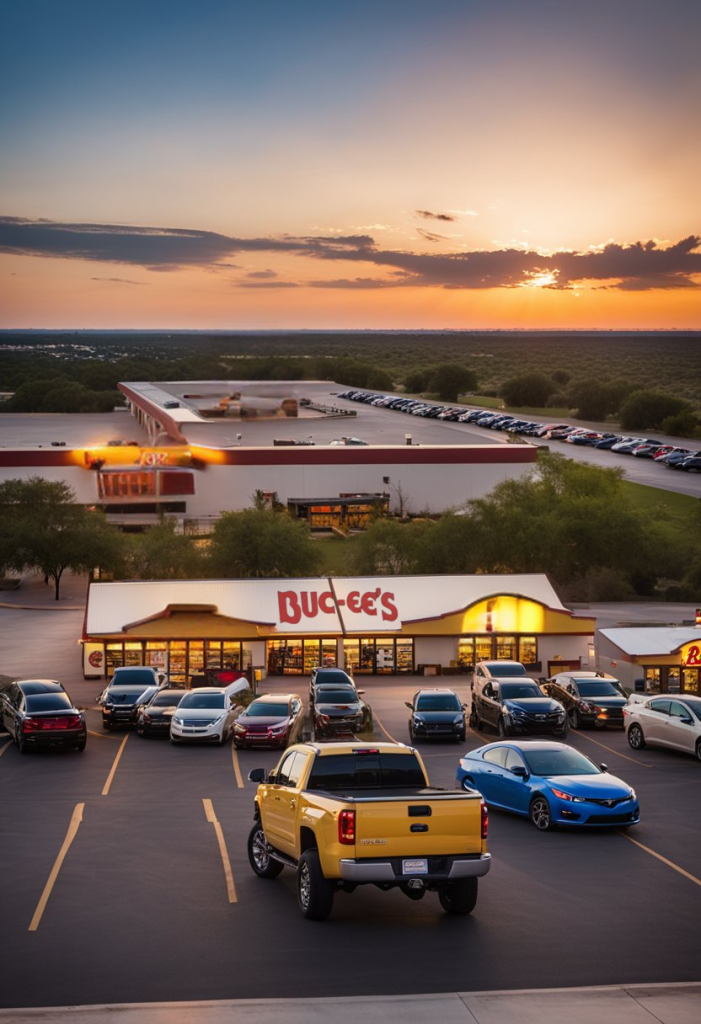 A bustling store with a giant beaver logo, gas pumps, and a line of cars. The sun is setting, casting a warm glow on the Texas landscape