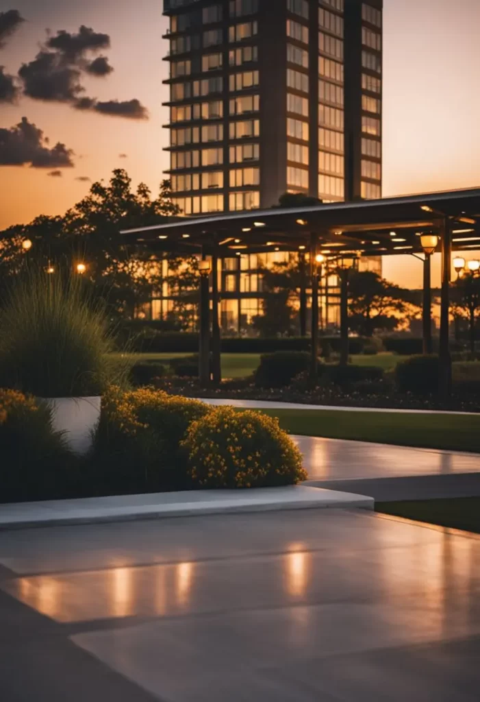 Luxurious hotels stand tall near Waco Regional Airport, with sleek architecture and lush landscaping. A private shuttle transports guests to and from the airport, while the sun sets over the elegant façade