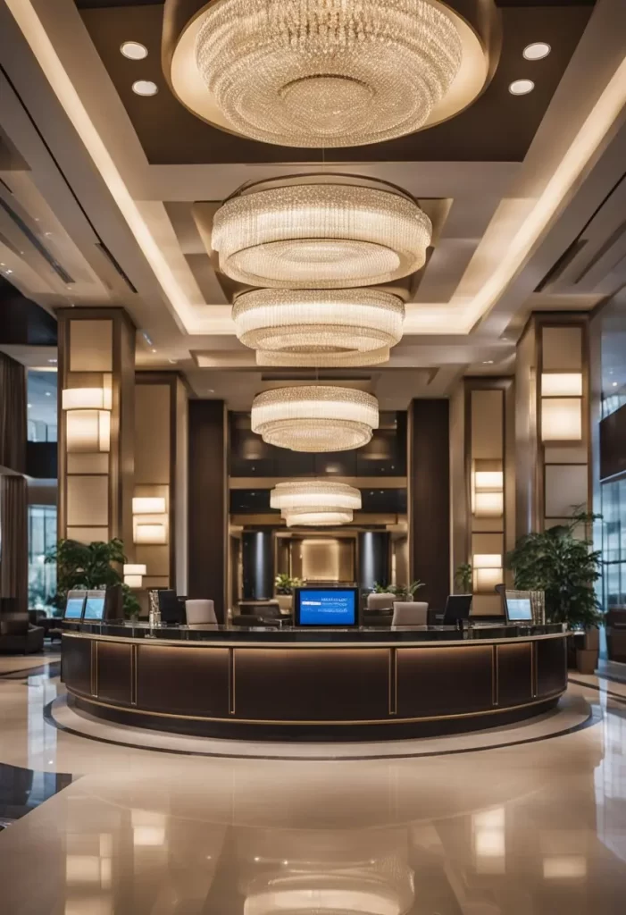 Hotels Near Waco Regional Airport: The hotel lobby is spacious and elegant, with a concierge desk and comfortable seating. A sign displays the various amenities and services available.