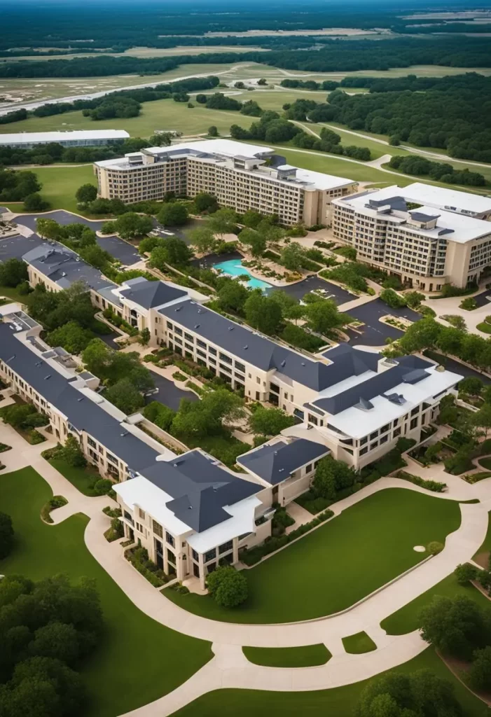 Aerial view of top hotels near Waco Regional Airport with lush landscaping and modern architecture