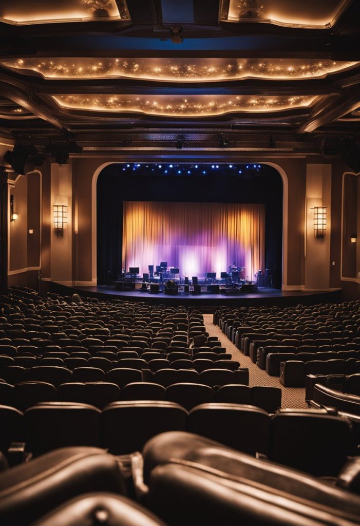 A bustling theater filled with laughter, bright stage lights, and a captivated audience enjoying comedy shows and stand-up events in Waco