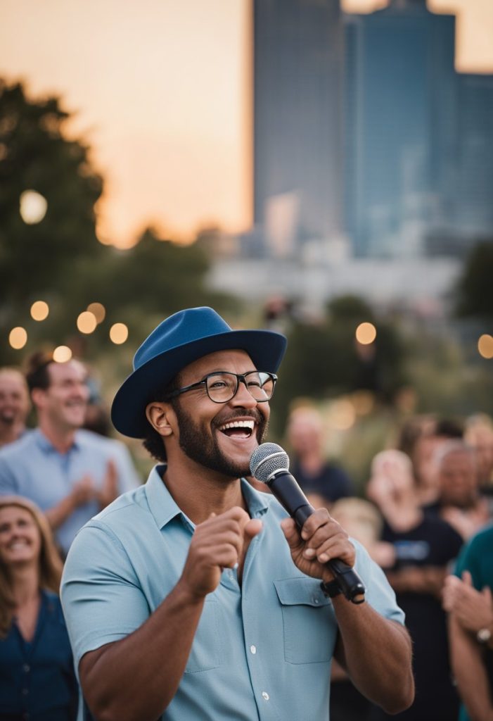 Audience laughing at a stand-up event in Waco. Comedian on stage with microphone, spotlight, and backdrop of Waco skyline